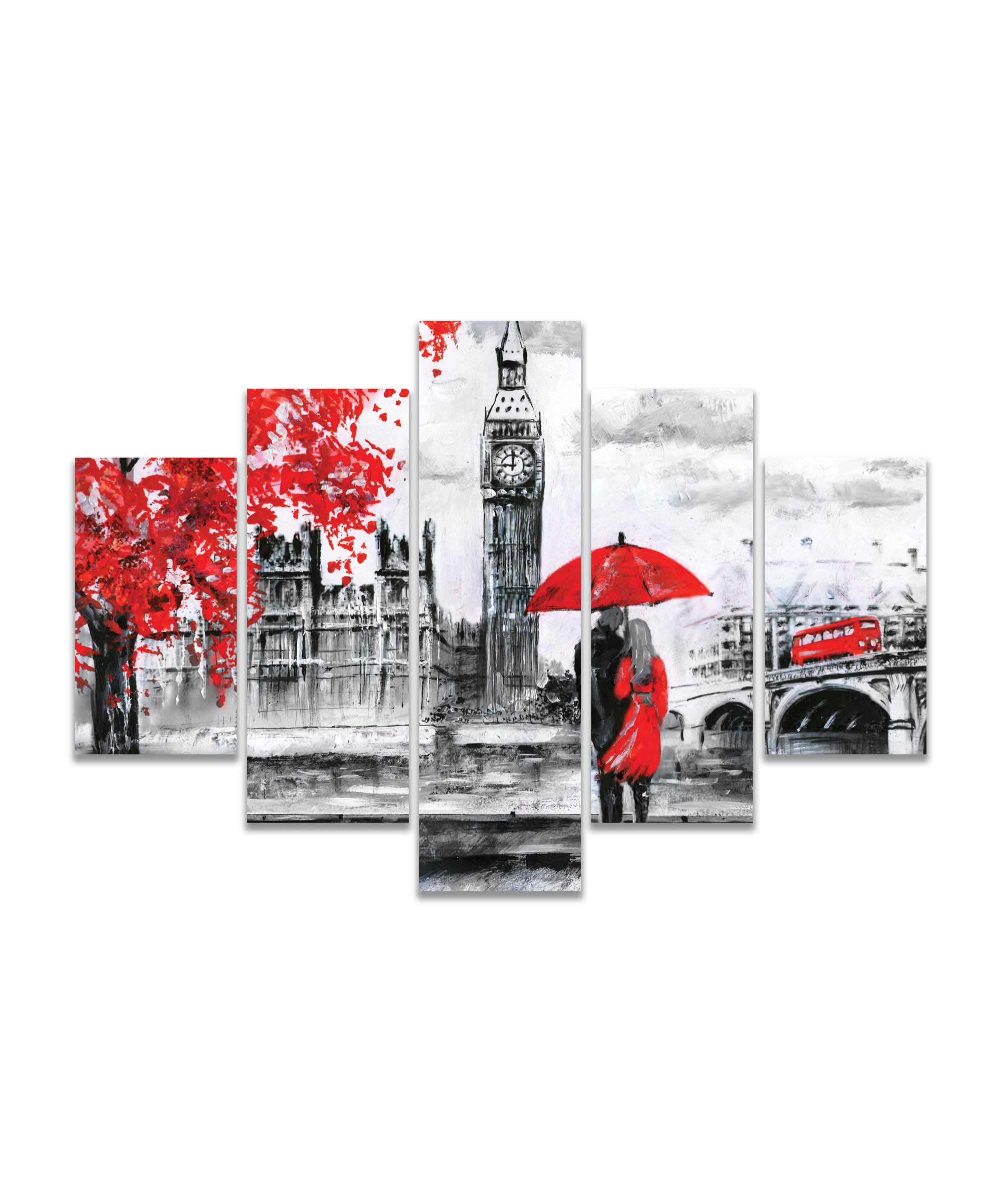 Obraz londýnská procházka červená 200x100  cm, 5 dílů