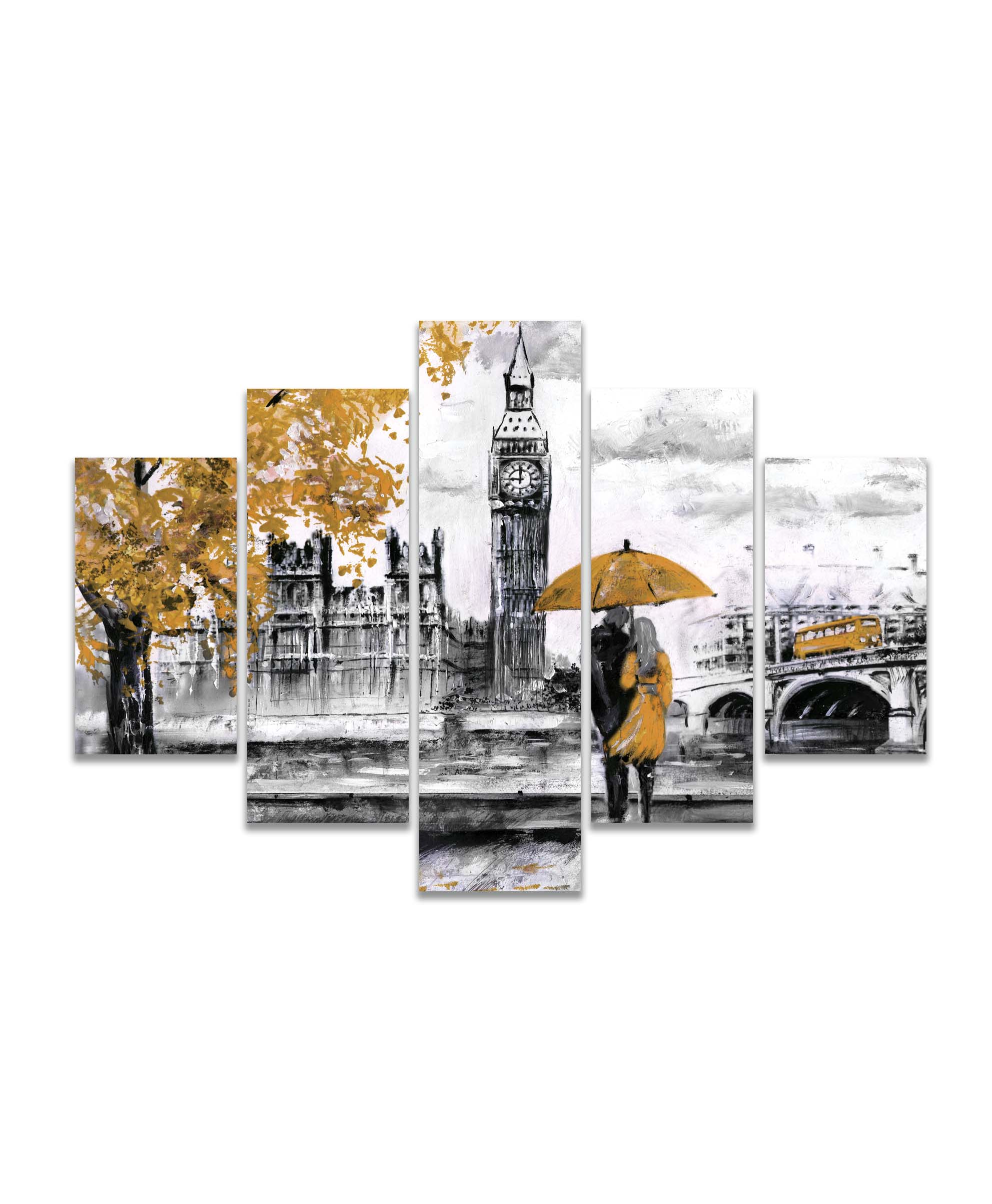 Obraz londýnská procházka žlutá 200x100  cm, 5 dílů