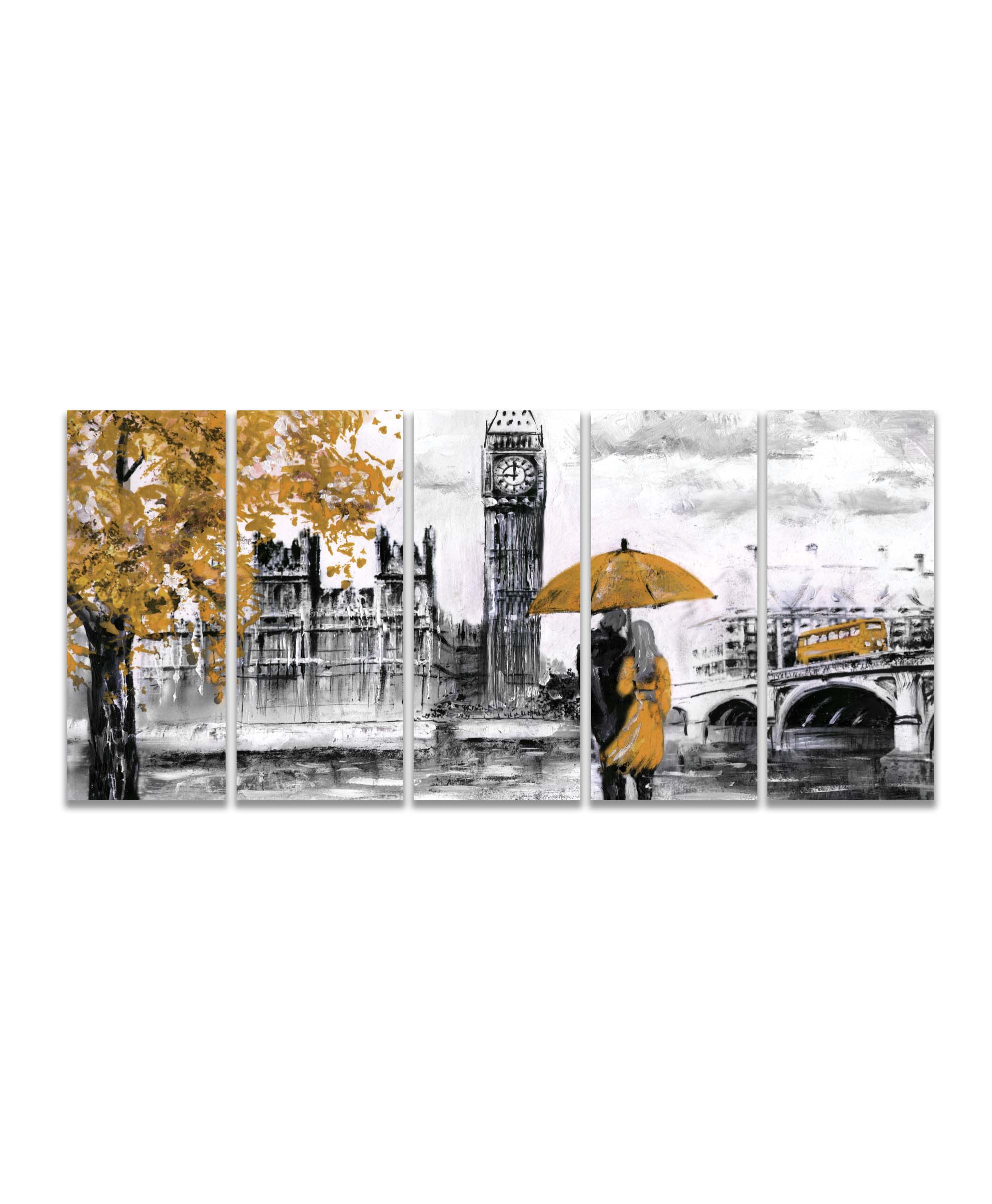 Obraz londýnská procházka žlutá 150x70  cm, 5 dílů