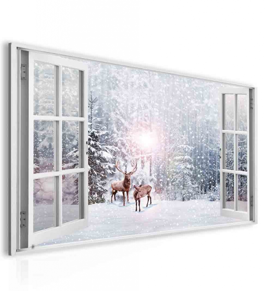 Obraz okno jeleni v zimě 30x20  cm