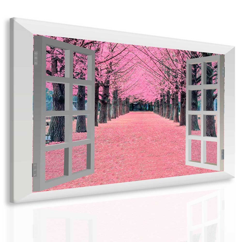 Obraz růžová alej za oknem 150x130  cm